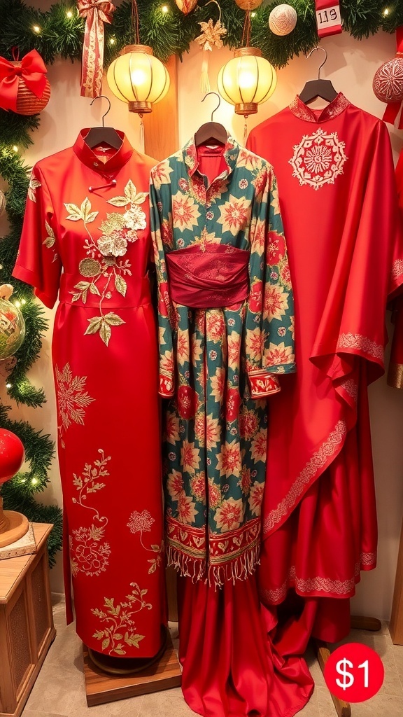 Traditional Asian Christmas Outfit Ideas Traditional Asian outfits for Christmas including cheongsam, kimono, and sari, displayed with festive decorations.